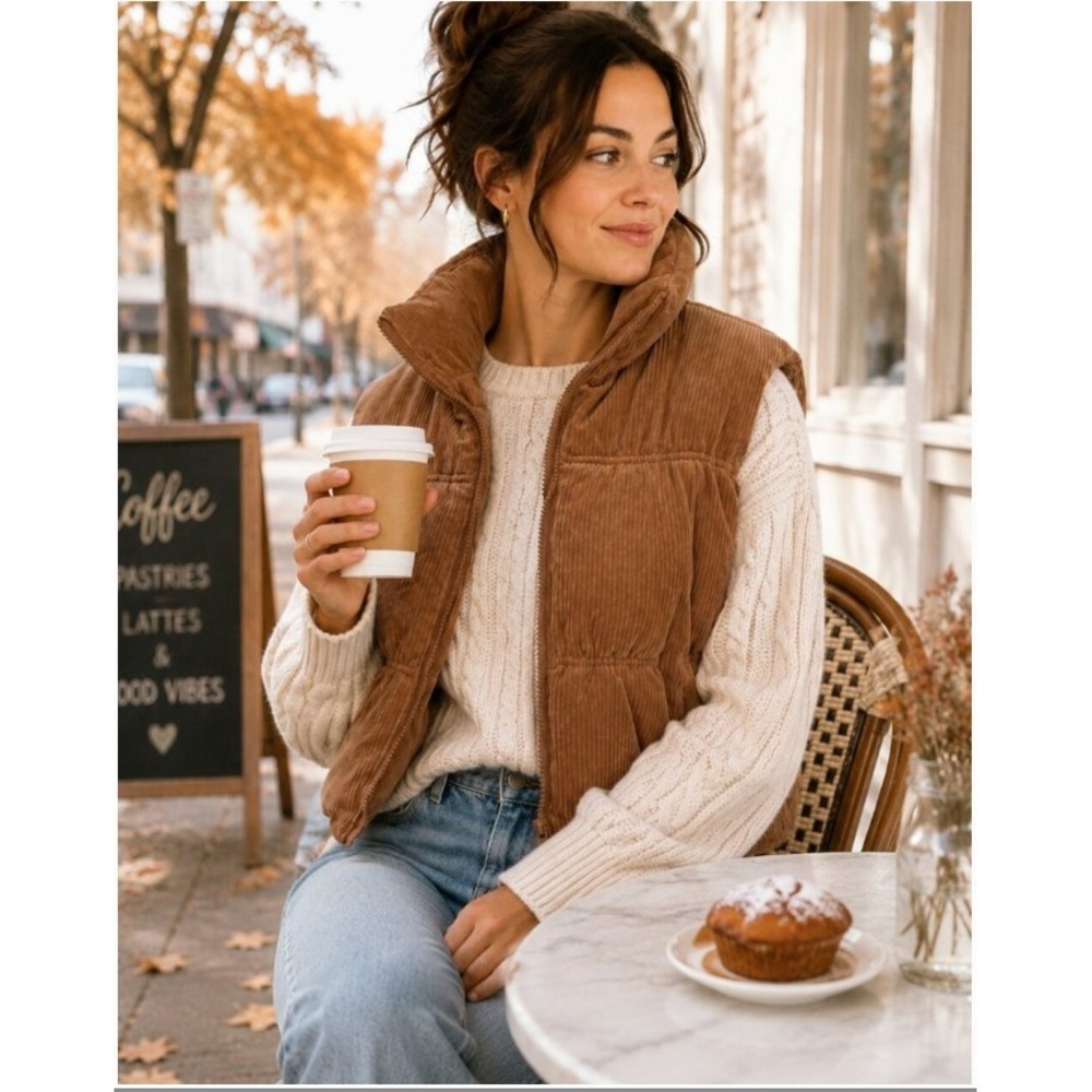 Forever 21 Corduroy Quilted Puffer Vest Women L Tan Quilted Zip Up Outerwear NWT